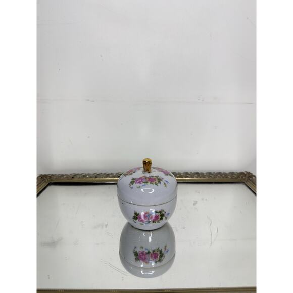 Porcelain Vanity Trinket / Jewelry Jar with Lid and Pink Rose, Yellow Flower - Picture 10 of 10